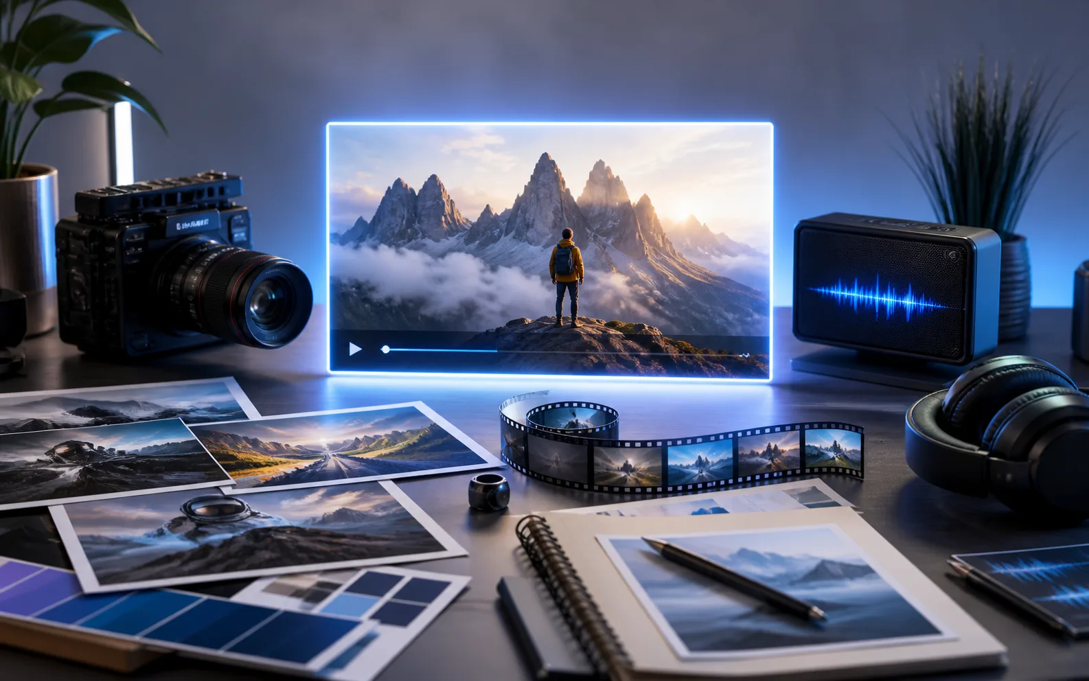 A creative production desk with photos, a cinema camera, film, and audio equipment