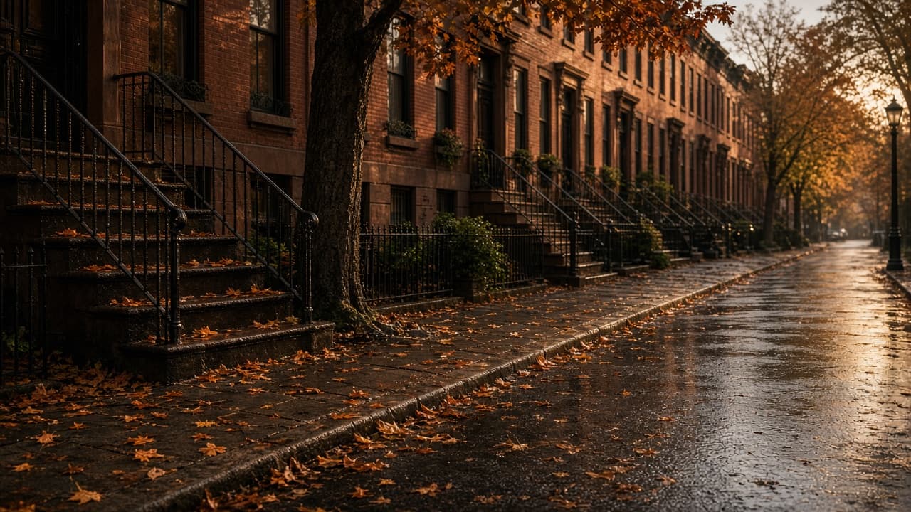 Wet Brooklyn brownstone street used as the still