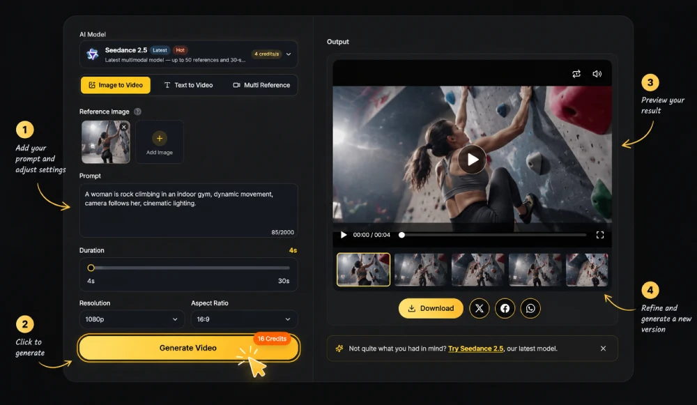 SeedGen interface showing video generation, preview, download, and refinement steps