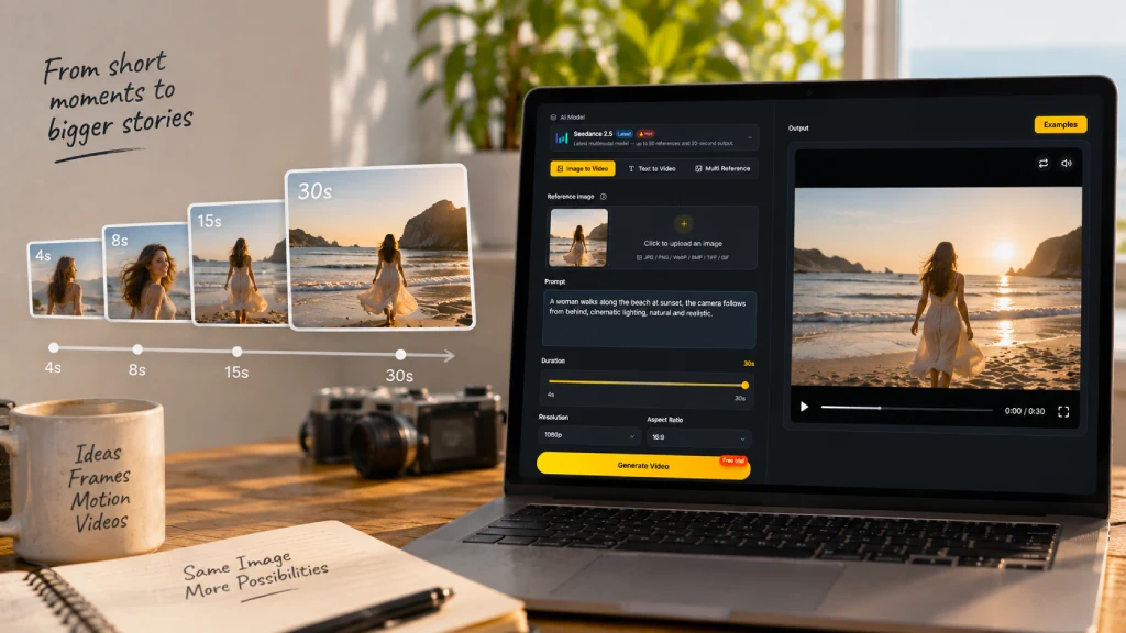A continuous AI video sequence up to 30 seconds