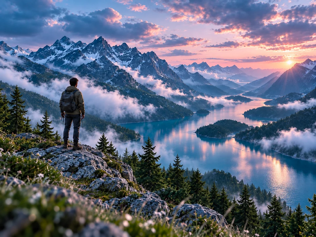 Hiker overlooking a mountain lake at sunset, ready for environmental animation