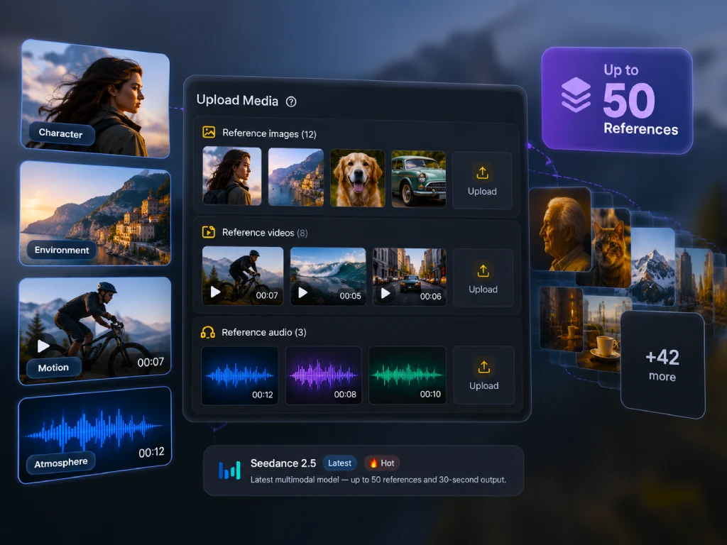 Seedance 2.5 upload panel with multiple image, video, and audio references
