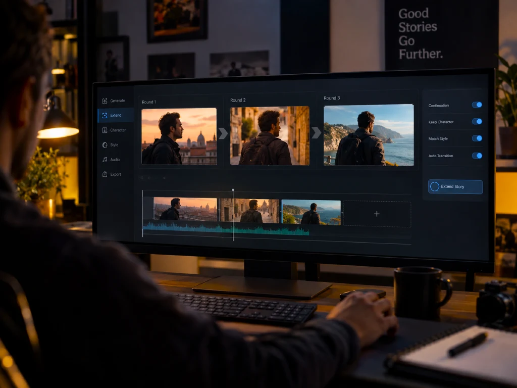 Three connected video generation rounds extending one continuous story