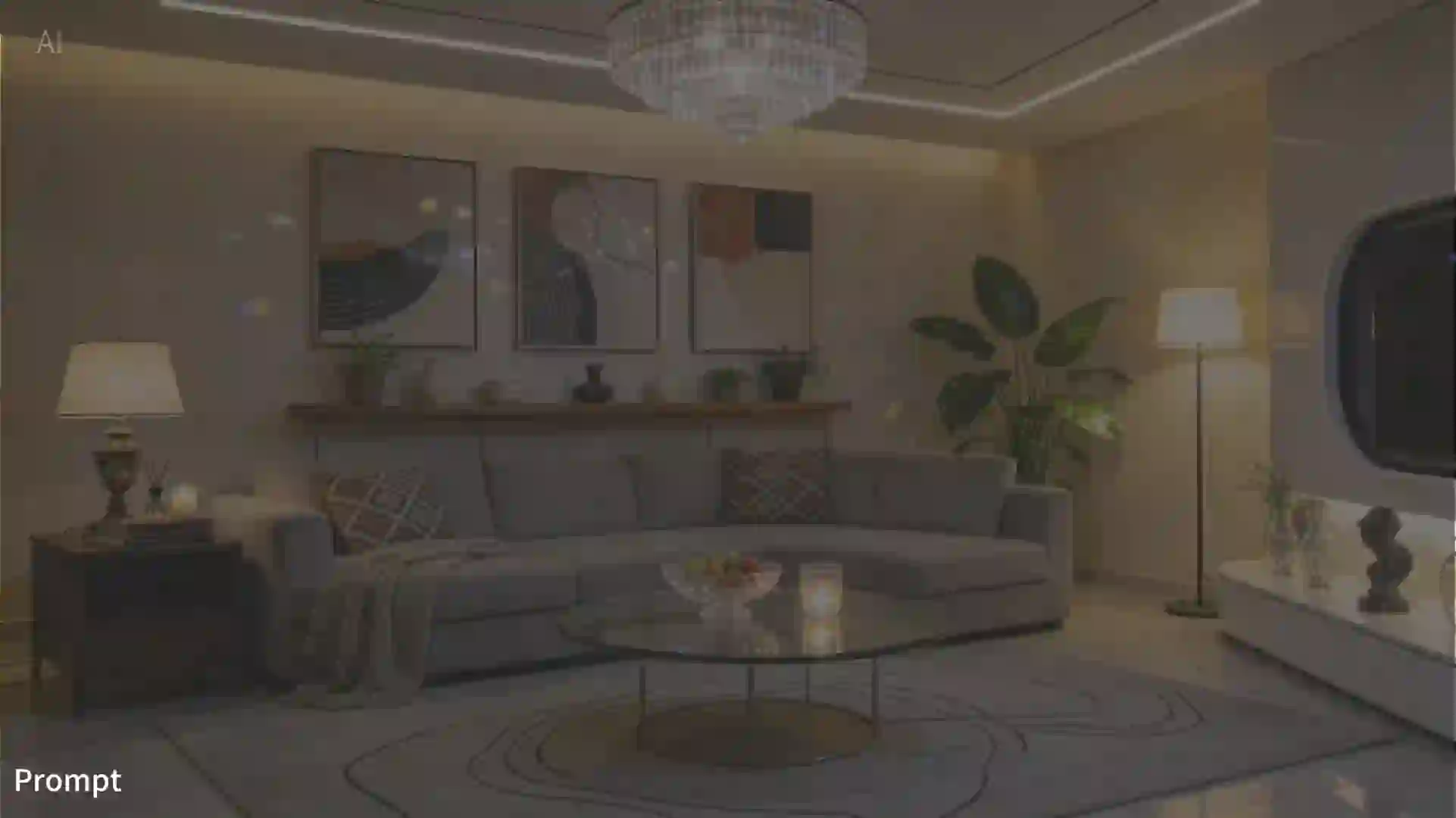 Modern living room staged for an AI-generated marketing video